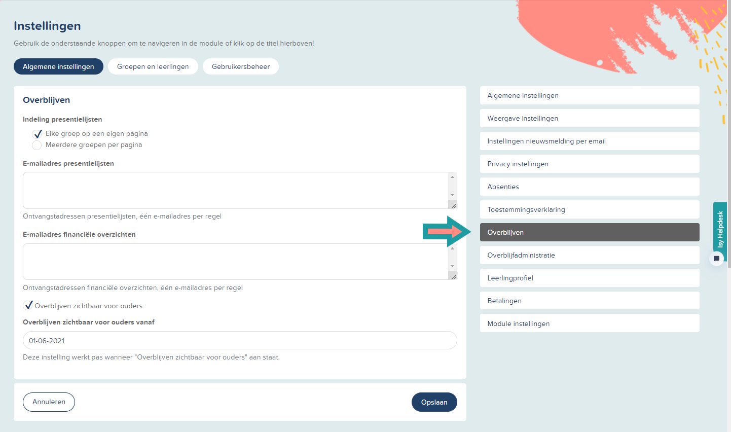 [OVERBLIJVEN] Algemene instellingen voor Overblijven module.